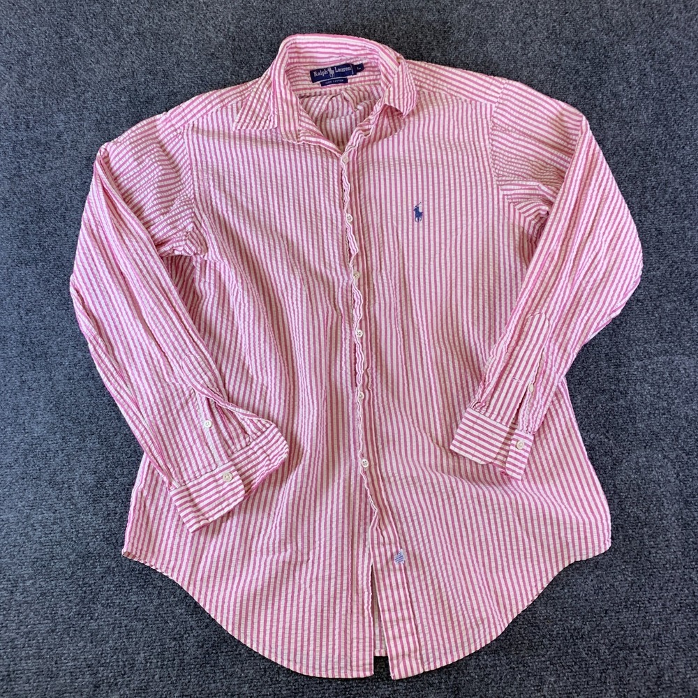 Ralph Lauren Button Down Mens Large Pink White Striped Good Seersucker Cotton